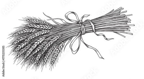 Handdrawn wheat bundle tied with a ribbon vintage illustration.