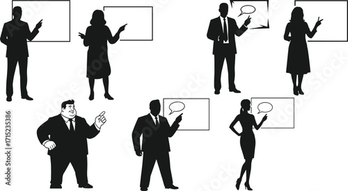 Business presentation silhouette illustration, professional speaker, office teamwork, corporate training, business meeting, leadership, communication, strategy planning.