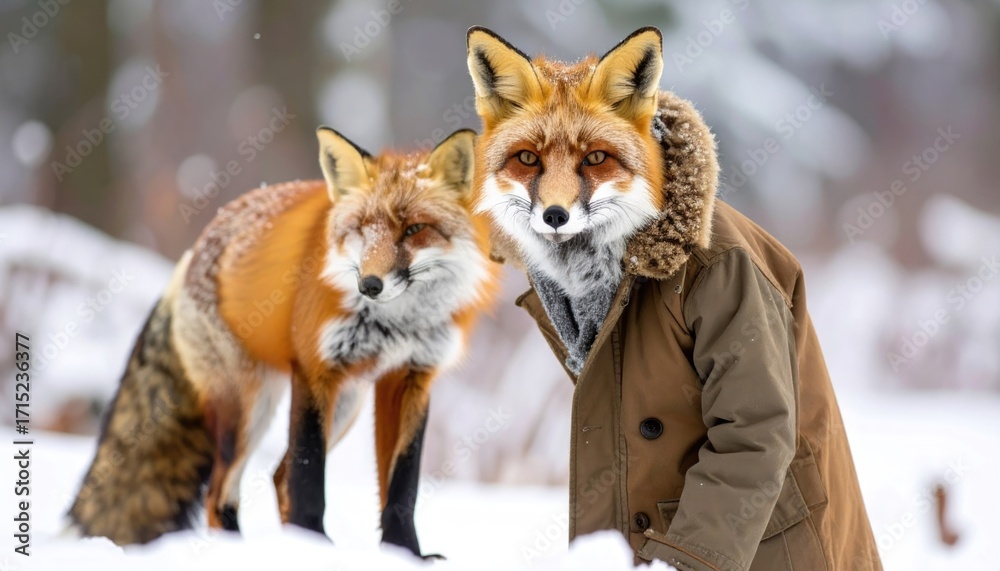 Fototapeta premium Red Fox and Person in Fox Coat in Snowy Winter Forest