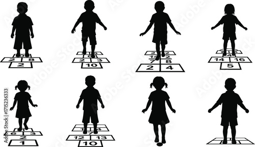 Children playing hopscotch, outdoor fun, traditional playground game, kids activity, childhood silhouette, group play, learning numbers, physical exercise, school recreation, happy childhood moments