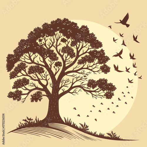 “Silhouette of a giant oak tree with leaves transforming into migrating birds, autumn sunset glow behind, symbolizing change, cycles, and the spiritual connection between seasons.”