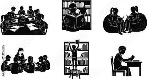Children reading books together, students studying in classroom, kids learning in library, teacher guiding students, education study time, academic knowledge illustration