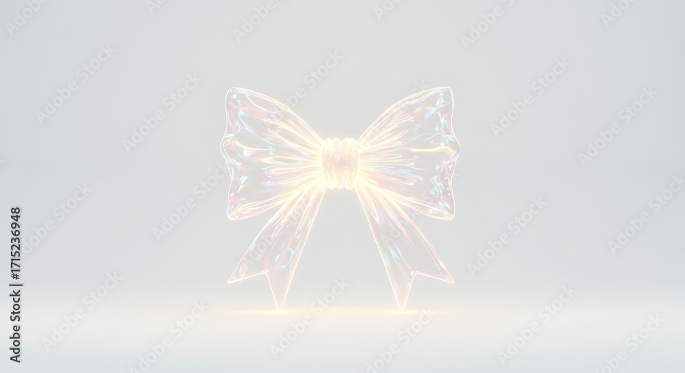 Fototapeta premium Iridescent Glowing Bow Against White Background with Holographic Gift Decoration.