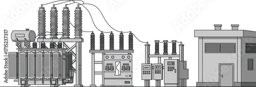 Electrical substation layout illustration, high voltage transformer, power distribution control, industrial energy system infrastructure, electricity supply building schematic