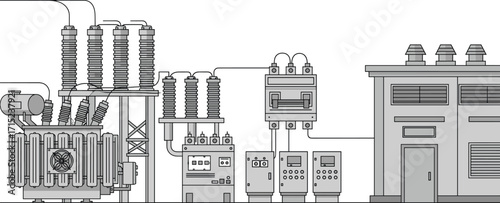 Electrical substation system diagram, high voltage transformer, power distribution control room, industrial energy infrastructure, electricity supply illustration