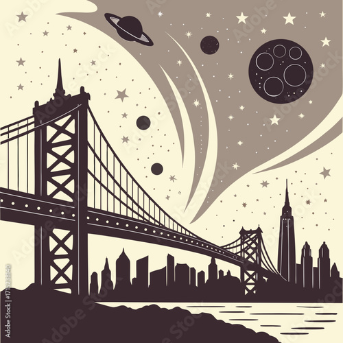 “Urban skyline silhouette dissolving into constellations and planets above, blending architecture with cosmic wonder, a bridge between human civilization and infinite universe.”