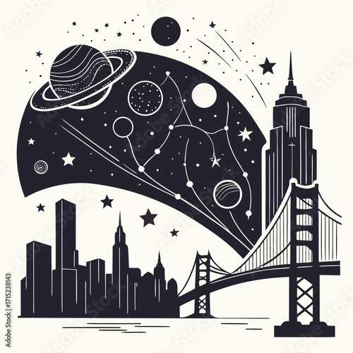 “Urban skyline silhouette dissolving into constellations and planets above, blending architecture with cosmic wonder, a bridge between human civilization and infinite universe.”