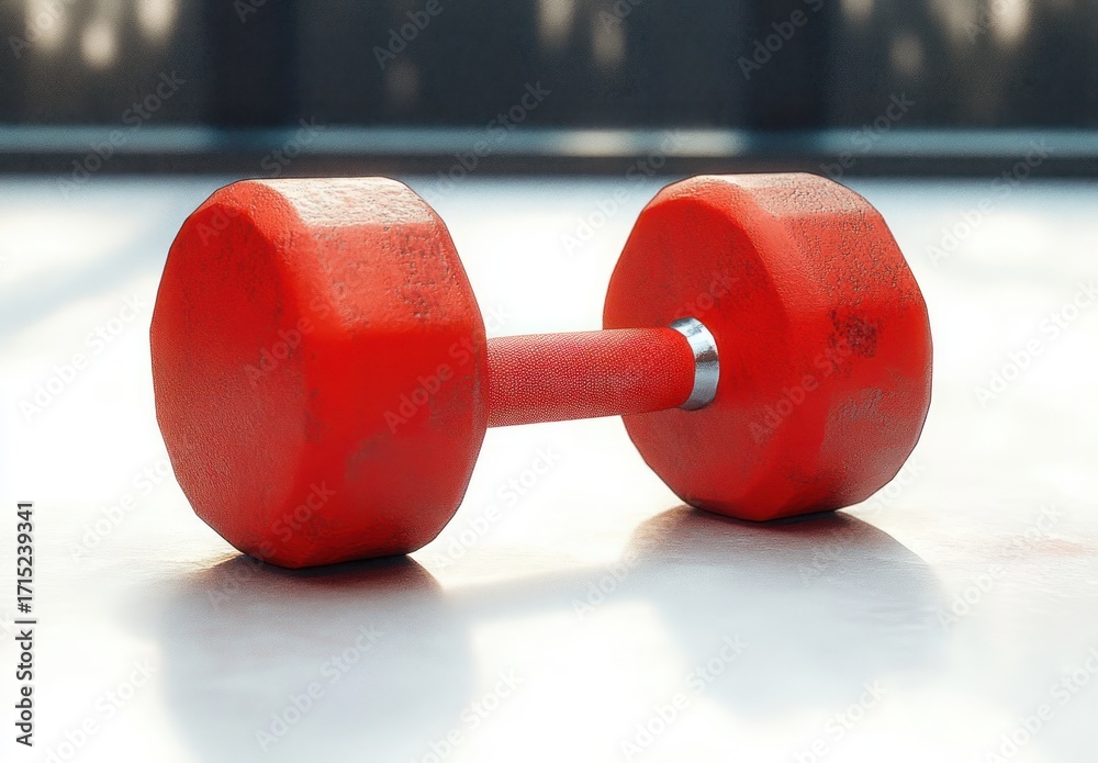 Fototapeta premium Close up of a single red hexagonal dumbbell resting on a smooth white surface with soft natural light casting shadows