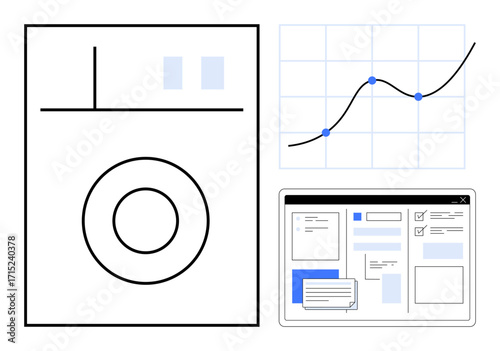 Graph with trendline, analytics dashboard, and report design layout combining tech for data insights. Ideal for business analytics, report creation, digital workspace, data analysis, strategy