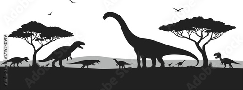 Collection of various black silhouette dinosaur vectors for prehistoric, wild life, and nature designs