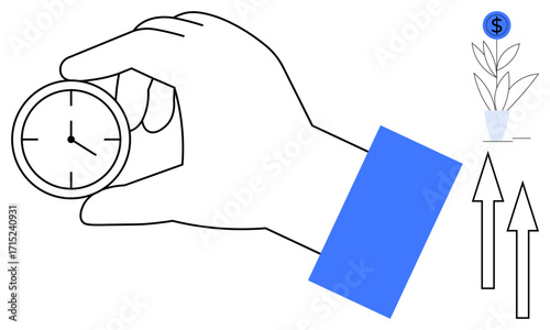 Hand holding a clock, plant with dollar icon, and upward arrows representing time management, financial growth, productivity, investment, development, progress and opportunity. A simple flat