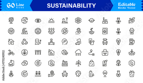 Sustainability modern professional line icon set, clean minimal vector collection for eco-friendly concepts, green energy, nature conservation, environment, and recycling