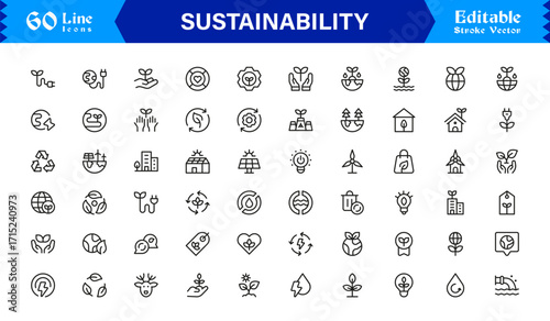 Sustainability modern professional line icon set, clean minimal vector collection for eco-friendly concepts, green energy, nature conservation, environment, and recycling