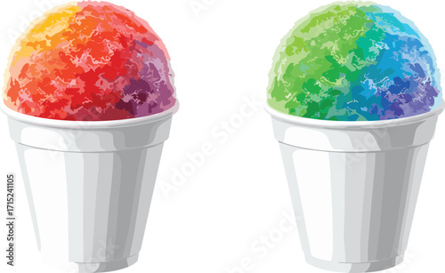 Colorful shaved ice in styrofoam cups, vibrant summer treat, rainbow dessert, tropical refreshment, fruity flavors, icy texture, street food delight