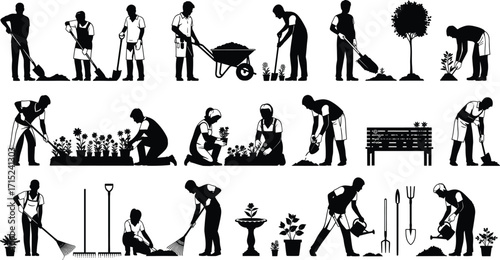 Gardening activities, people working outdoors, planting, watering, raking, landscaping, horticulture tools, teamwork, spring garden, black and white illustration, nature care