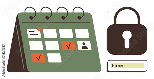 Green calendar with events marked, a security lock, and a web address bar. Ideal for scheduling, data protection, cyber security, planning, privacy awareness, workflow management simple flat