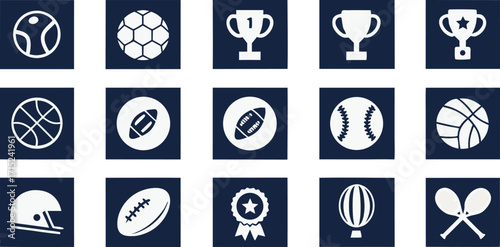 Sports equipment and award icons in a grid Keywords: sports, equipment, award, icon, tennis