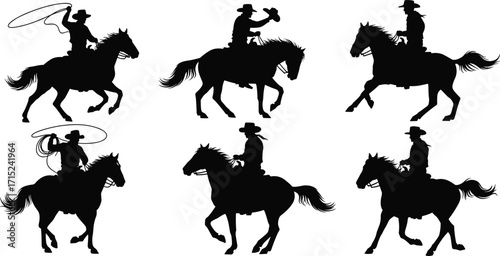 Cowboy riding horse silhouette, western rodeo cowboy with lasso, wild west ranch rider illustration, country lifestyle artwork, vintage cowboy design