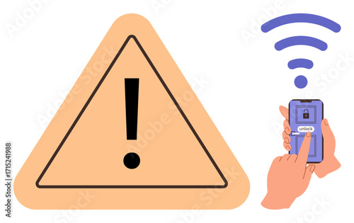 Large warning triangle with exclamation mark alongside a hand operating a smartphone unlocking via wireless signal. Ideal for security alert, digital safety, user authentication, app risks, caution