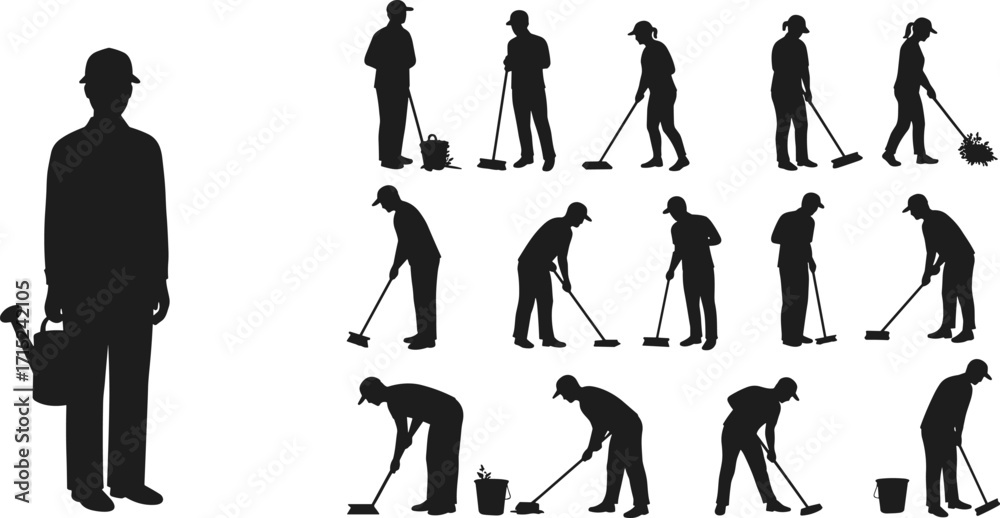 Obraz premium Gardening and cleaning silhouettes, worker poses, mop and broom action, watering plants, bucket tools, maintenance staff, hygiene service, field labor