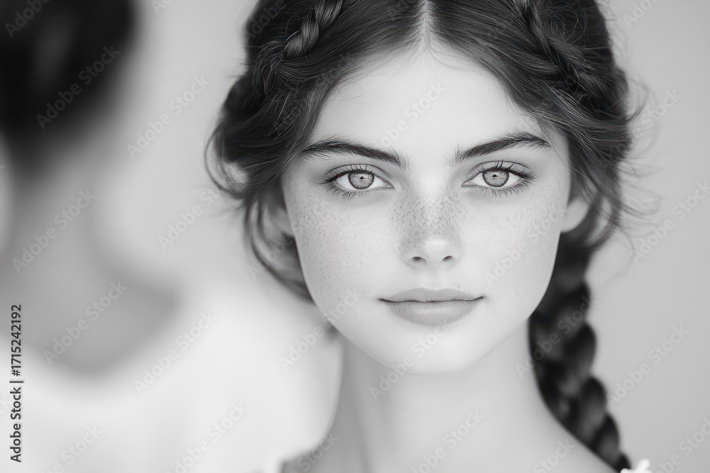 Fototapeta premium Close-up portrait of a young woman with light freckles and braided hair looking calmly into the camera in a soft monochrome setting