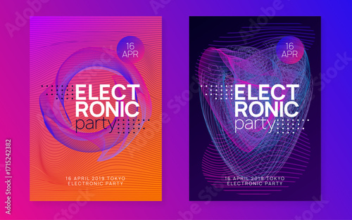 Night Club Flyer. Blue Sound Poster. Green Techno Design. Electronic Radio Invitation. Party Concert Element. Night Club Magazine. Electro Vector. Pink Night Club Flyer