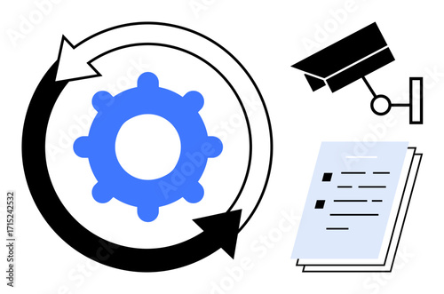 Gear with cyclic arrows next to a surveillance camera and checklist. Ideal for process automation, quality control, workflow, efficiency, compliance, monitoring, strategy, simple flat metaphor