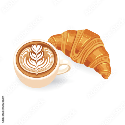 Illustration of coffee cup with beautiful latte art and fresh croissant on white background perfect for breakfast cafe and bakery design