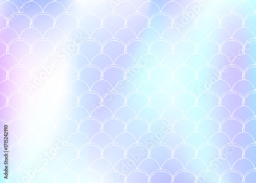 Holographic mermaid background with gradient scales. Bright color transitions. Fish tail banner and invitation. Underwater and sea pattern for girlie party. Fluorescent back with holographic mermaid.