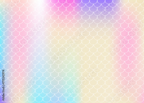 Holographic mermaid background with gradient scales. Bright color transitions. Fish tail banner and invitation. Underwater and sea pattern for girlie party. Iridescent back with holographic mermaid.