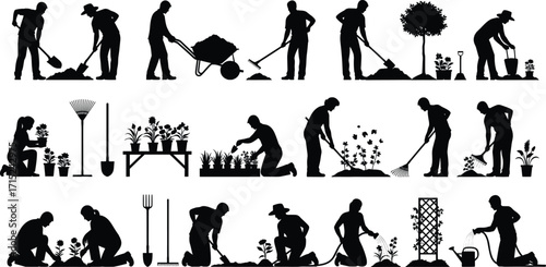 Gardening silhouette collection, outdoor activity icons, planting, watering, digging, wheelbarrow, tools, horticulture, landscaping, spring work, black vector set