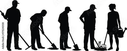 Gardening process silhouette, planting stages, shovel digging, seed sowing, plant growth, watering flowers, nature care, agriculture concept, black vector illustrationGardening process silhouette, 