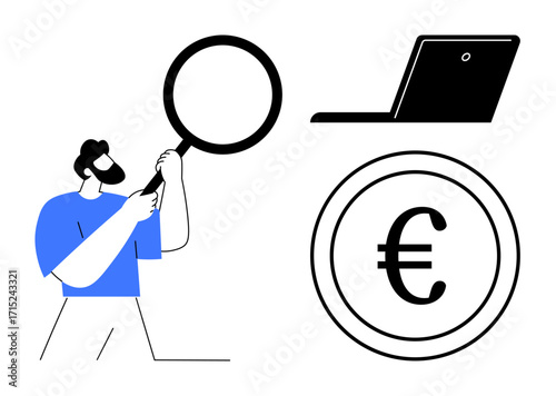 Man holding magnifying glass, laptop, Euro sign symbolizing financial analysis, online search, or currency exploration. Ideal for finance, banking, e-commerce, research technology consultancy