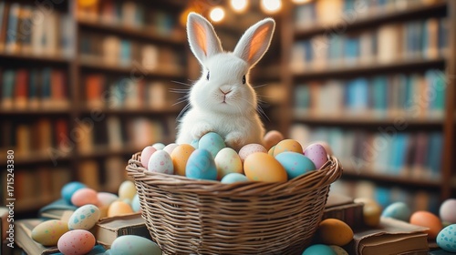 white rabbit sitting inside a wicker basket filled with colorful Easter eggs surrounded by books in a cozy library setting