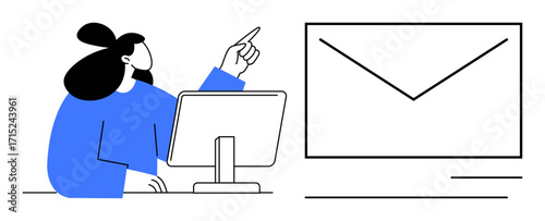 Woman interacting with desktop screen displaying large envelope, emphasizing communication, notifications, and technology. Ideal for email management, productivity, digital interaction, teamwork