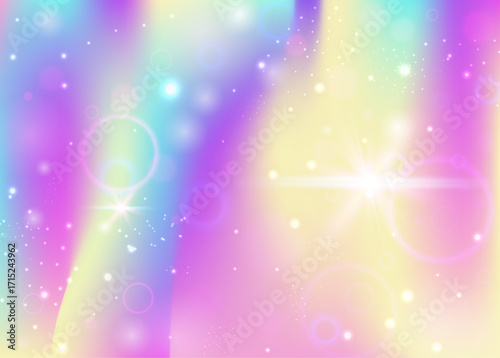 Kawaii Invitation. Purple Unicorn Hologram. Magic Background. Fairytale Cosmic Invite. Pink Abstract Gradient. Lilac Galaxy Pattern. Rainbow Texture. Candy Kawaii Invitation.