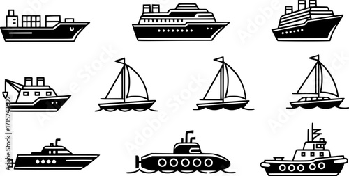 Ship line icons set.