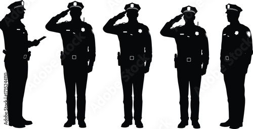 Police officer silhouette illustration, law enforcement salute, security guard respect, authority uniform, police duty honor, military respect, officer standing, vector design art.