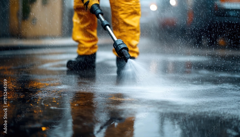 Obraz premium person wearing yellow pants power washing wet pavement with high pressure water hose outdoors