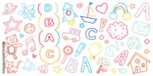 Collection of colorful crayon drawings of letters animals toys and nature elements on a white background