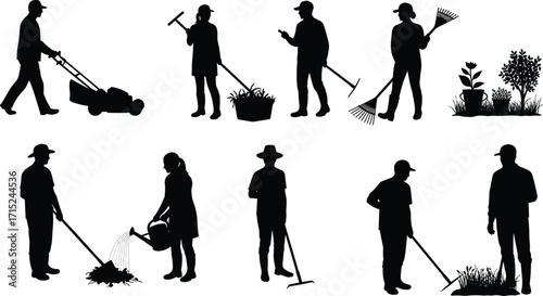Gardening silhouettes, outdoor work, lawn care, plant watering, raking leaves, garden tools, landscaping people, horticulture tasks, nature activity, spring cleanup