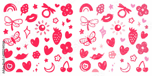 Collection of cute pink hand drawn doodles featuring hearts butterflies flowers rainbows strawberries and more