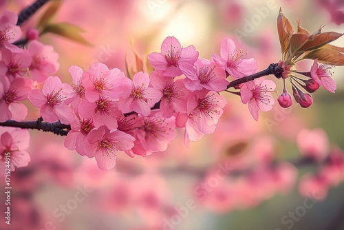 Close-up of delicate pink cherry blossoms on a branch with soft focused background conveying a sense of springtime beauty and renewal