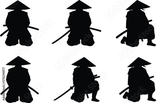 Samurai warrior silhouette illustration, traditional Japanese fighter with katana sword and hat, ancient martial arts design, bushido culture artwork