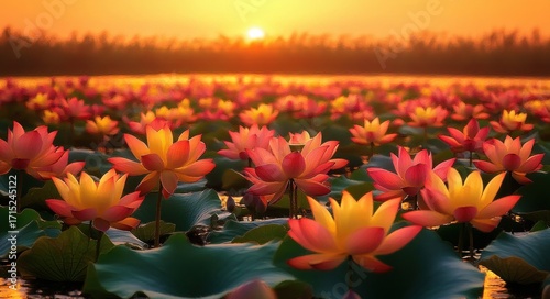 Vibrant pink and yellow lotus flowers blooming on a pond at sunset with a glowing orange sky and soft focus background