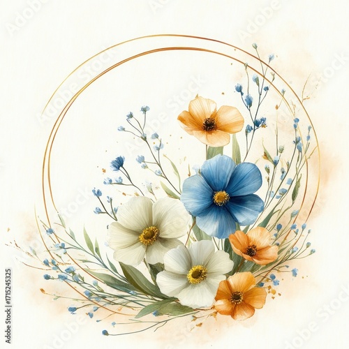 delicate floral arrangement featuring white, blue, and orange flowers surrounded by small blue buds and green foliage within overlapping golden circular frames on a light background