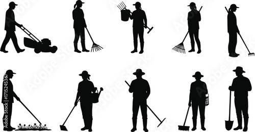 Gardening silhouettes, people working in garden, lawn care, raking leaves, watering plants, digging soil, outdoor maintenance, landscaping tools, horticulture, teamwork