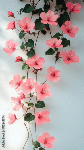 Delicate cascading branches adorned with vibrant pink flowers and lush green leaves against a soft white background capturing a serene and natural beauty