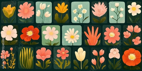 Colorful vintage style floral illustrations arranged in rectangular and square panels on dark background