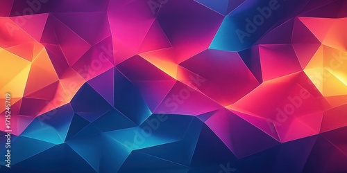 Abstract geometric shapes forming a polygonal pattern with vibrant colors including blue, purple, pink, orange, and yellow creating a dynamic and energetic atmosphere